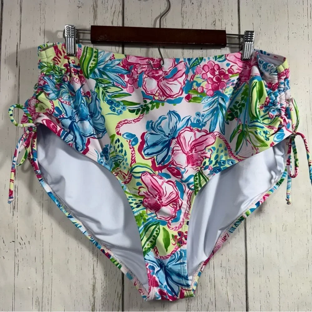 Stella Parker Womens Floral Ruched Bikini Botton High Rise Summer Beach Vibrant